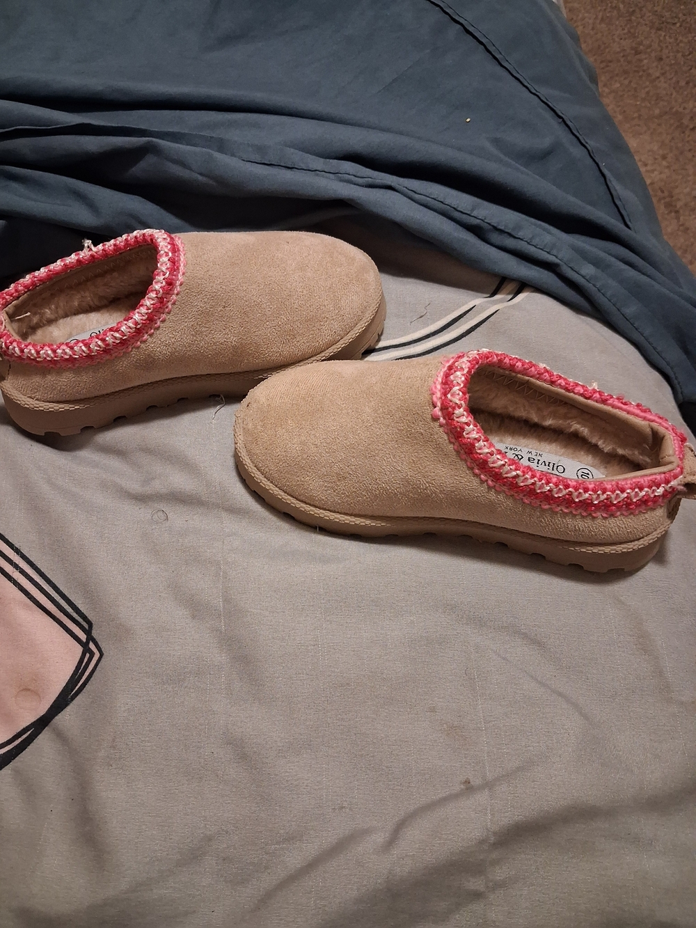 UGG Kids Tan Suede Slippers with Pink Trim